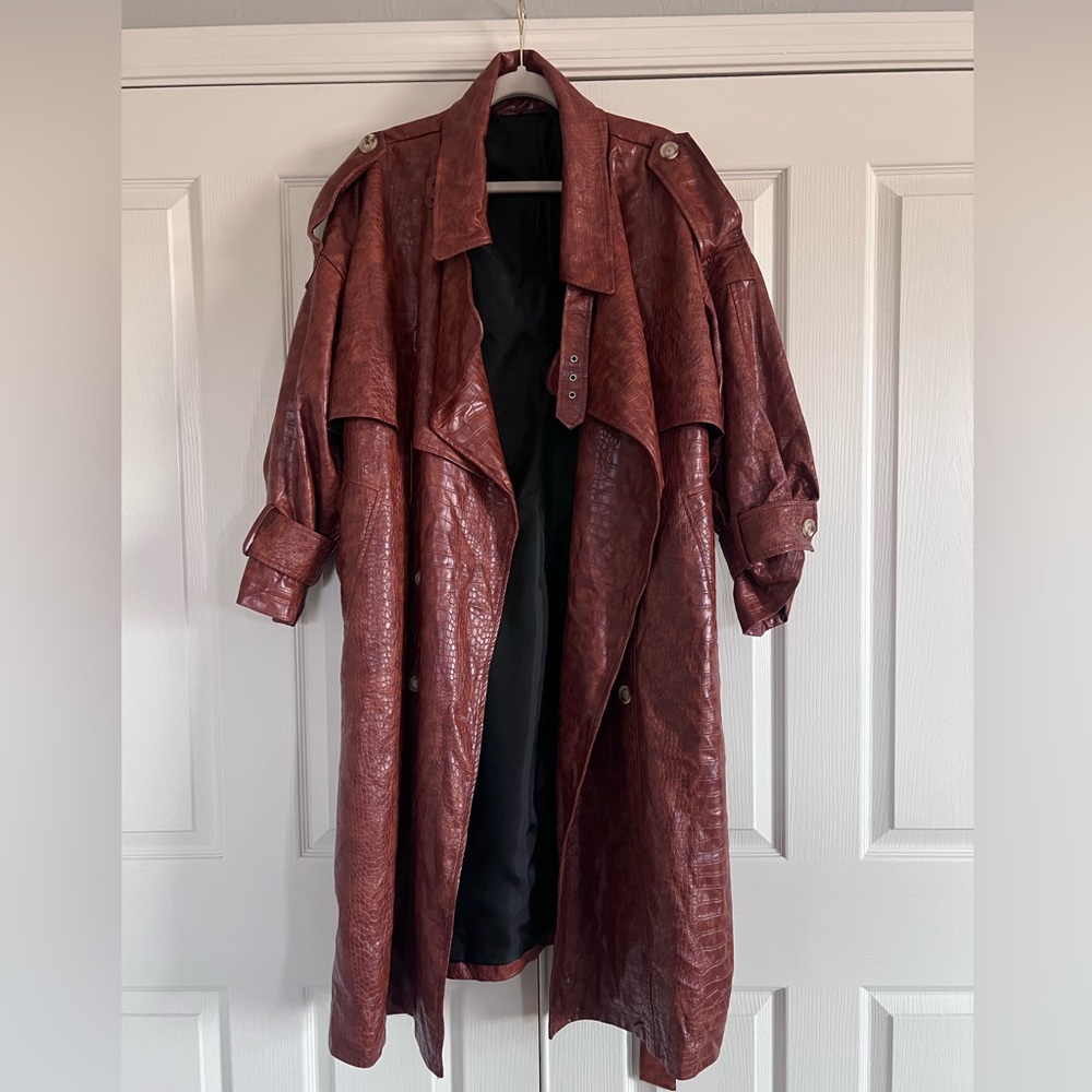 Nasty Gal Brown Oversized Faux Leather Croc Embossed Trench Coat XXL - Picture 4 of 12